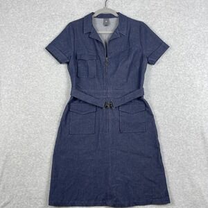 Anne Willi Denim Utility Dress Womens Size 2 Belted Zip Front Pockets Minimalist
